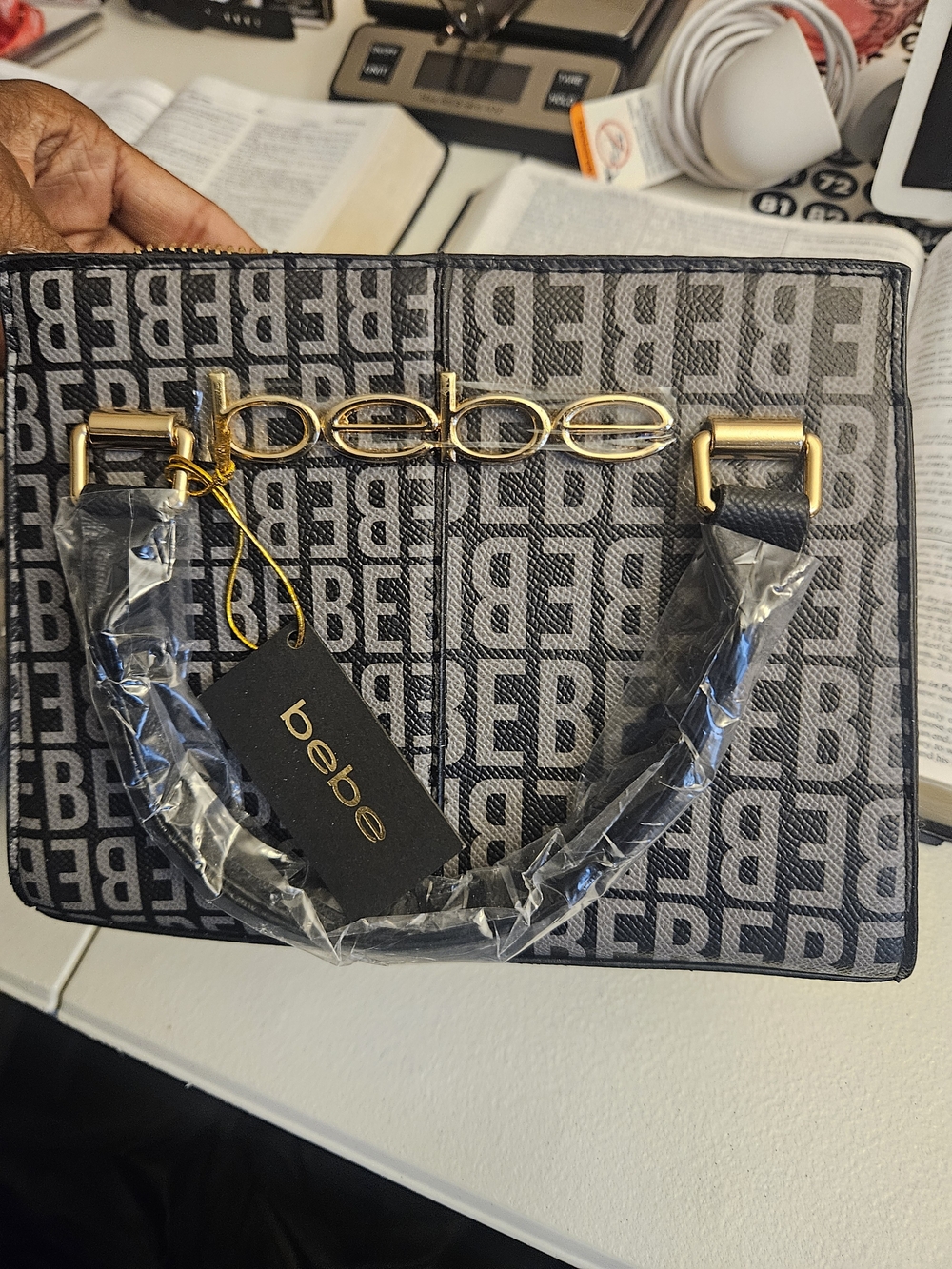 bebe Black & Gray Logo Satchel with Gold Hardware